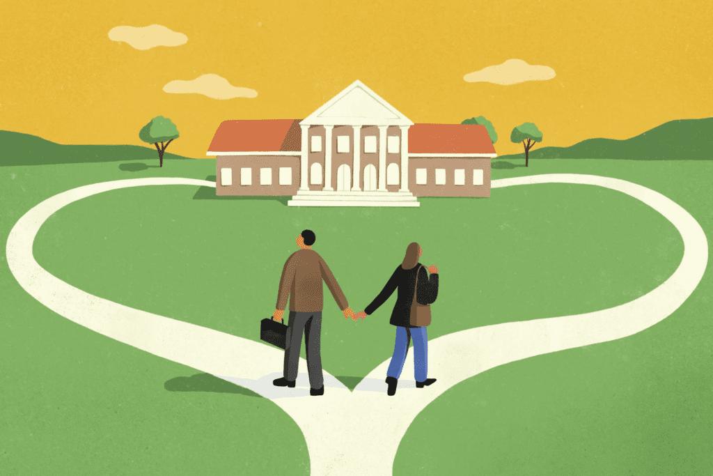 An illustration of two people walking down a path that forks where both paths lead to a building